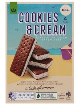 Woolworths cookies and cream ice cream sandwiches
